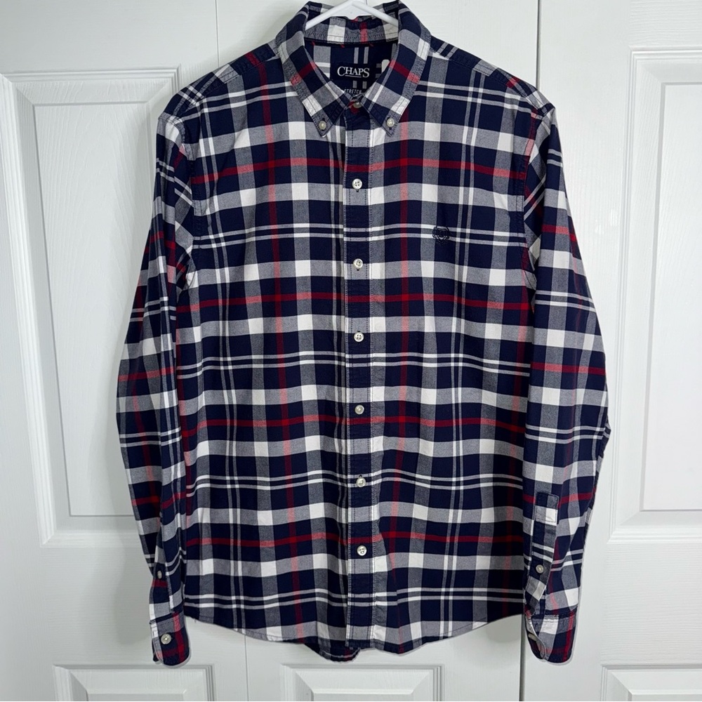 CHAPS Stretch Oxford Men's Button down Casual Navy and Red Plaid‎ Shirt Medium